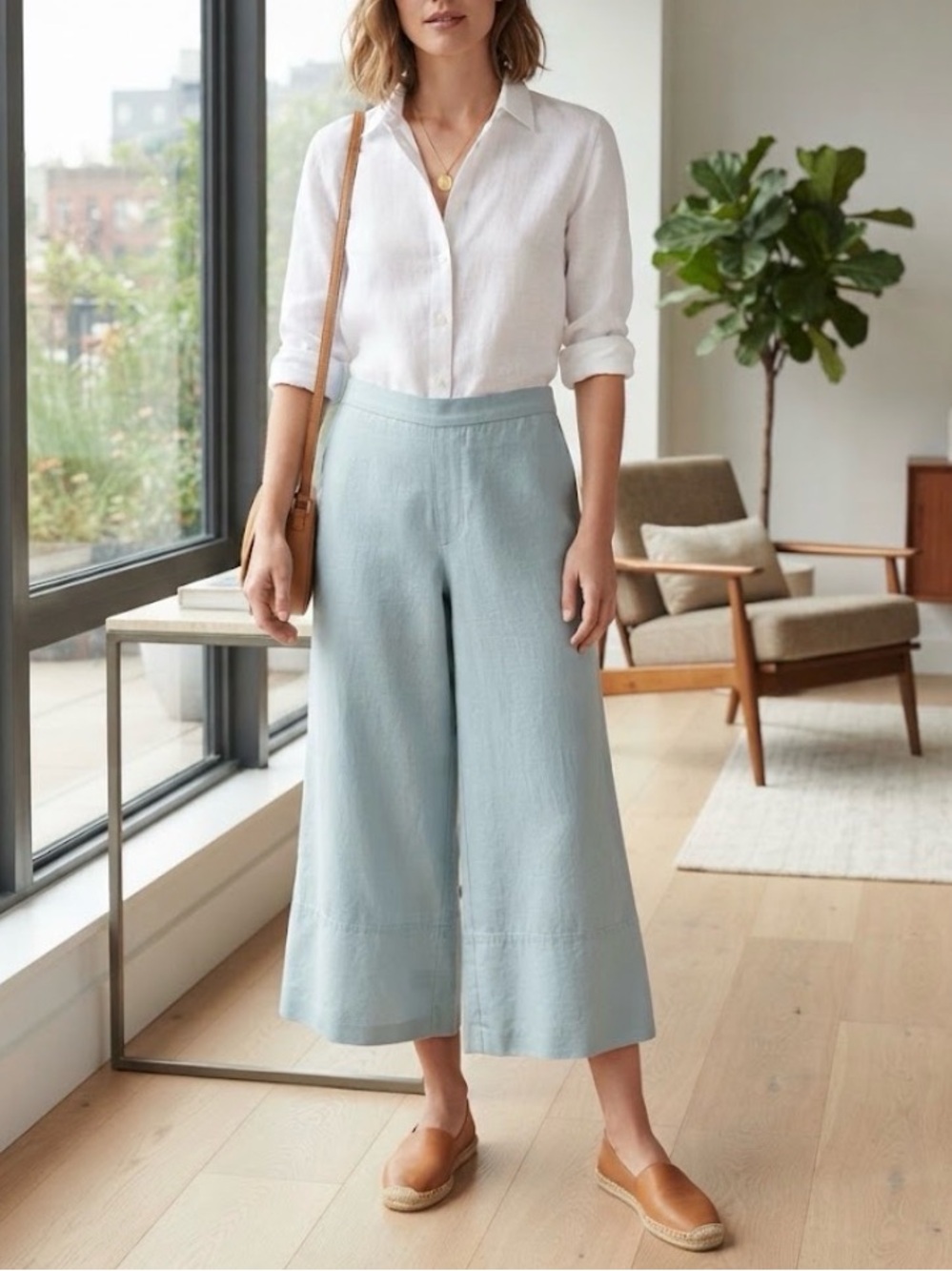 Banana Republic Wide-Leg Cropped Linen Blend Pants – Size M – Light Blue